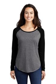 Sport-Tek Ladies PosiCharge Long Sleeve Tri-Blend Wicking Scoop Neck Raglan Tee LST400LS (Color: Black Triad Solid/ Dark Grey Heather, size: L)